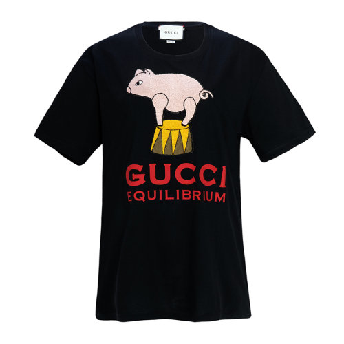 GUCCI/古驰 女士黑色棉质字母LOGO小猪印花短袖T恤 615044-XJCRI-1082