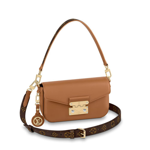 Louis Vuitton/路易威登 22春夏新款SWING系列 女士榛子色牛皮革金扣徽标吊饰配可拆卸老花帆布肩带单肩斜挎手提包M20396