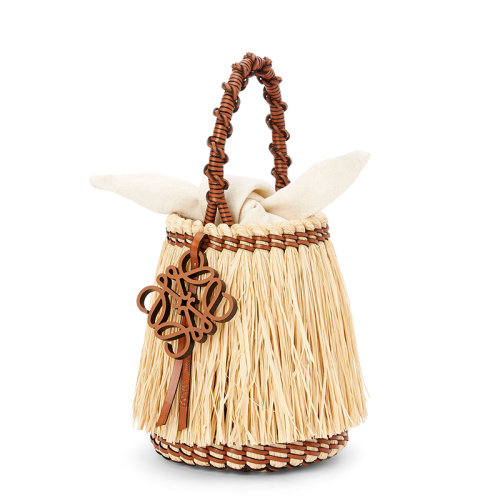 LOEWE/罗意威 22新款Frayed Bucket系列 女士小号原色酒椰纤维配皮饰徽标吊饰单肩手提水桶包A329C19X03-2435
