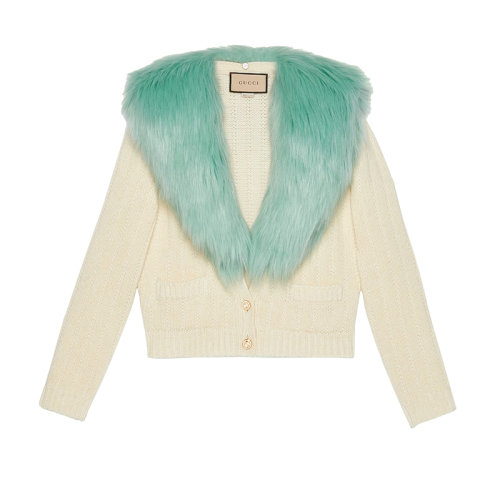 GUCCI/古驰 22年秋冬新款 女士浅米色厚羊毛羊绒混纺针织开衫毛衣695722XKCER9069