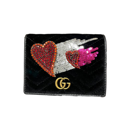 Gucci 古驰 黑色丝绒marmont小钱包  爱心水钻 立体刺绣