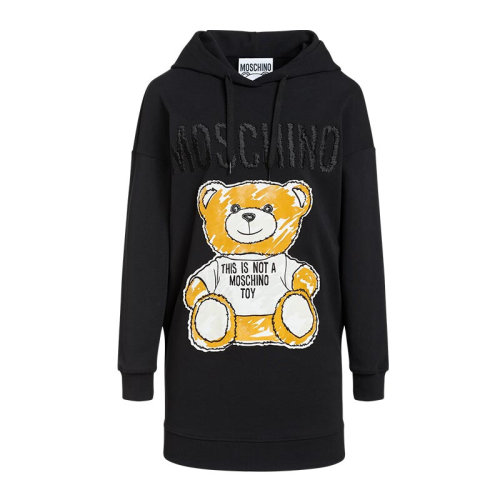 MOSCHINO/莫斯奇诺 泰迪熊图案 女士黑色棉质抽绳连帽连衣裙 DV044804261555
