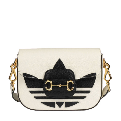 GUCCI/古驰 22新款阿迪达斯联名Horsebit 1955系列 女士迷你白色皮革饰黑色主题系列三叶草印花金扣配可拆卸红绿织物肩带单肩斜挎手提包658574U3ZDG8727