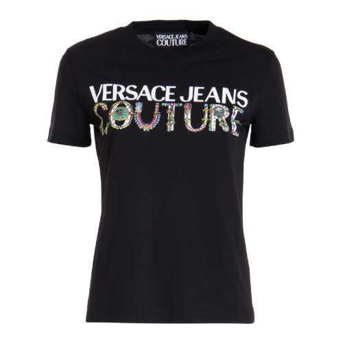 VERSACE JEANS/范思哲牛仔 女士纯色棉质经典字母徽标印花装饰圆领短袖上衣T恤 71HAHF03-CJ00F 多色可选