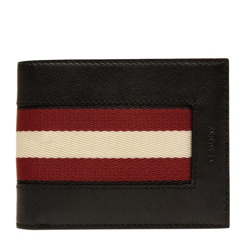 BALLY/巴利 Byda系列男士黑色牛皮经典字母徽标压花红白条纹装饰短款双折钱夹钱包卡包零钱包男包 6235669【预售3-4周发货】