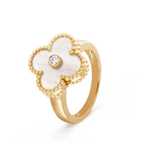 Van Cleef & Arpels/梵克雅宝 经典Vintage Alhambra系列 18K金黄金镶嵌白色珍珠贝母和一颗钻石幸运四叶草戒指 VCARA41100