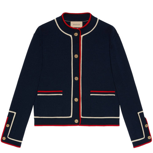 GUCCI/古驰 21年早秋新款 Theouverture系列 女士蓝色优质棉和真丝针织开衫658362XKBSK4496