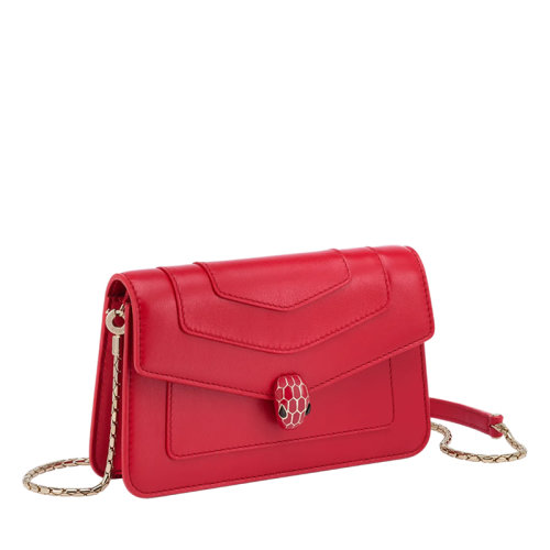 BVLGARI/宝格丽 22早春 新款SERPENTI FOREVER系列 女士红色小牛皮蛇首扣翻盖单肩斜挎链条钱包291684