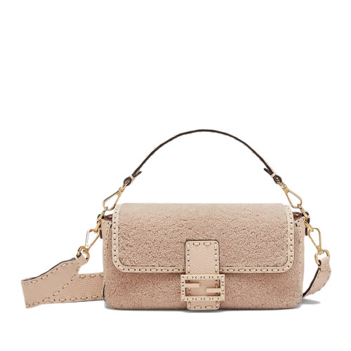 FENDI/芬迪  BAGUETTE系列 女士中号粉色羊毛配皮翻盖斜挎单肩手提法棍包8BR600AH96F1F7N