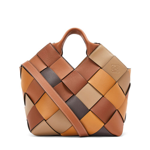 LOEWE/罗意威 22春夏新款Surplus系列 女士小号棕色拼色牛皮革编织单肩手提篮A521T32X25-3113
