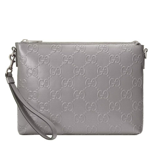 GUCCI/古驰 22新款 男士中号老花压纹灰色皮革银扣配织物肩带拉链开合单肩斜挎手拿包6960091W3CN1275