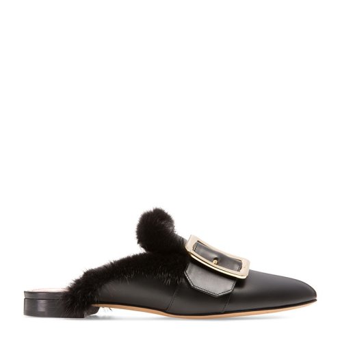 BALLY/巴利 女士黑色小牛皮露背拖鞋平跟鞋女鞋