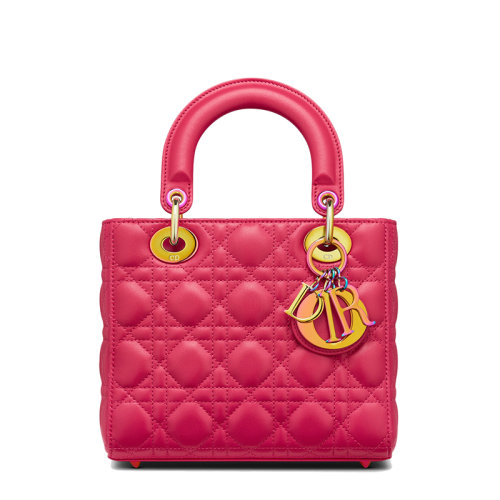 DIOR/迪奥 22春夏新款LADY DIOR系列 女士小号亮粉色藤格纹羊皮革彩虹色吊饰单肩斜挎手提戴妃包M05314NEE_M15F