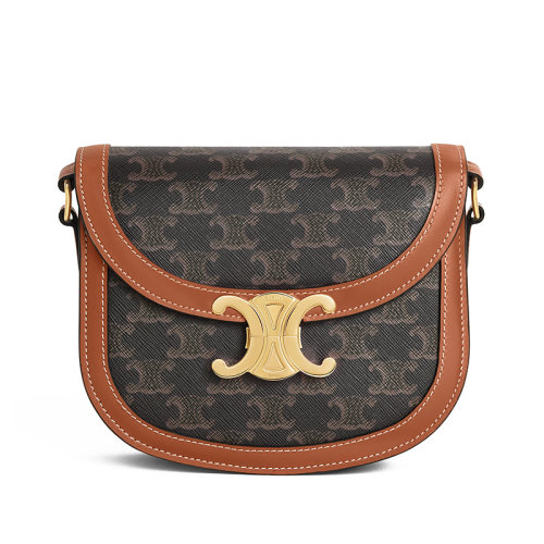 CELINE/赛琳 22新款TEEN BESACE TRIOMPHE系列 女士老花帆布配棕褐色皮革徽标金扣单肩斜跨包110962BZ4.04LU