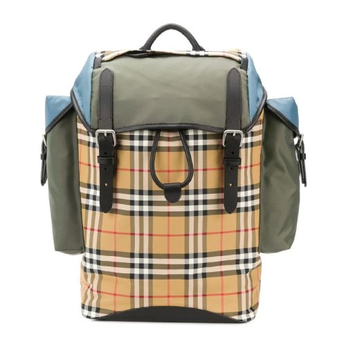 BURBERRY/博柏利 男女同款 中性军绿色格纹双肩包背包旅行包 8005407