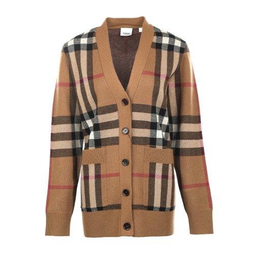 BURBERRY/博柏利22春夏格纹羊毛混纺提花开衫女士针织衫/毛衣8043372