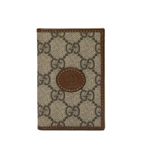 GUCCI/古驰 22春夏新款 男士米色/乌木色帆布配皮老花印花棕色皮革滚边棕色皮扣折叠钱包69926792TCG8563