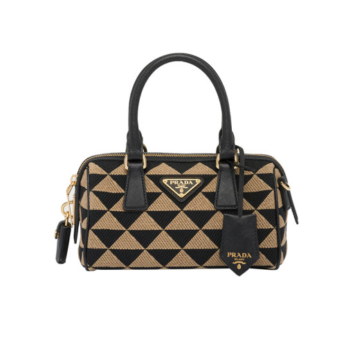 PRADA/普拉达 22新款 女士黑色/米色刺绣面料配saffiano皮革手柄珐琅徽标拉链开合单肩手提斜挎包1BB846_2FKL_F0Y30_V_XOO