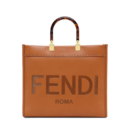 FENDI/芬迪 SUNSHINE系列 棕色皮革饰有机玻璃手柄手提中号购物包 8BH386ABVLF0PWZ