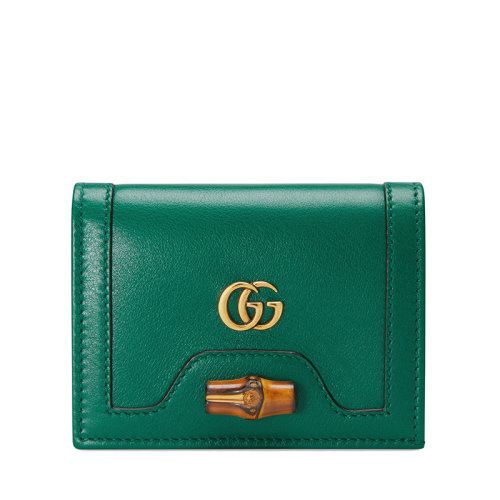 GUCCI/古驰 20  Diana系列 女士翠绿色皮革做旧的金色饰面双G竹扣钱包卡包65824417Q0T3120