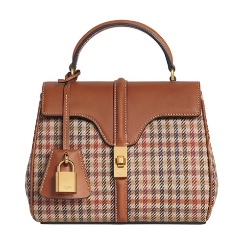 CELINE/赛琳 22新款16系列 女士迷你多色格子纹花呢配棕色系皮革金扣金锁翻盖开合单肩手提包197982EOL.14ML