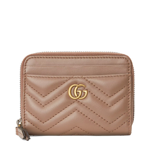 GUCCI/古驰  GG Marmont系列 女士粉色绗缝皮革金色双G装饰拉链卡包卡片夹?671772DTDHT5729