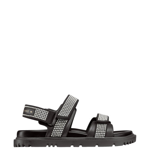 DIOR/迪奥 22年早春新款 DIORACT系列 女士黑色皮革科技面料配白色珍珠后跟金色LOGO魔术贴凉鞋KCQ567NNP_S55X