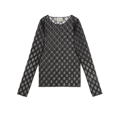 GUCCI/古驰  女士新款黑色刺绣GG薄纱长袖T恤 574407 XJA86 1000