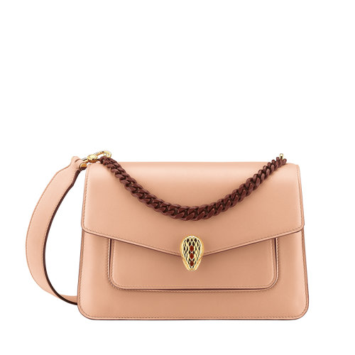 BVLGARI/宝格丽 SERPENTI FOREVER系列 女士中号米色小牛皮翻盖粉色珍珠母贝鳞片蛇头扣单肩斜挎手提包290978