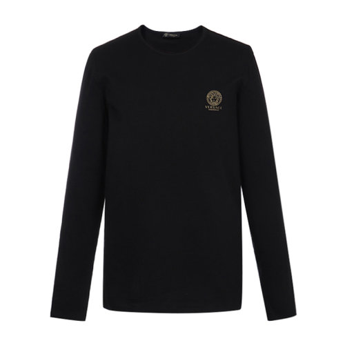 VERSACE/范思哲 男士纯色棉质混纺氨纶经典字母徽标美杜莎头像装饰圆领长袖男士长袖T恤