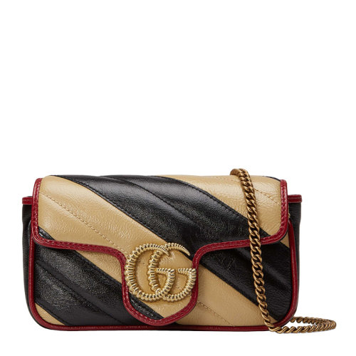  GUCCI/古驰  女士GG Marmont 超迷你 supermini  经典双G金属logo米色拼黑色牛皮斜挎包单肩包链条包女包574969-0OLOX-9689