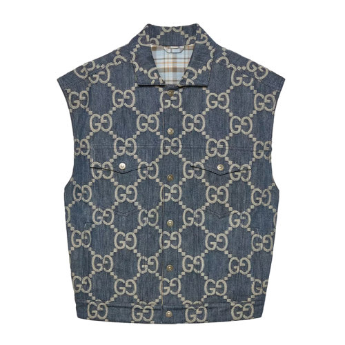 GUCCI/古驰 22年春夏新款 PINEAPPLE系列 男士蓝色和象牙白饰超级双G图案提花丹宁面料纯棉马甲夹克?674339XDBTY4492