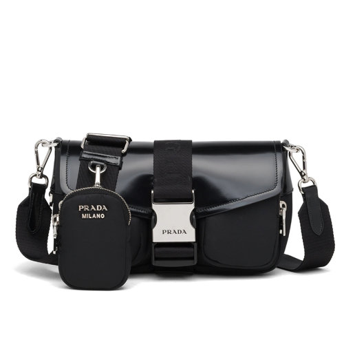 PRADA/普拉达  黑色的再生尼龙拼接皮革斜挎单肩包1BD295_789_F0002_V_BFO