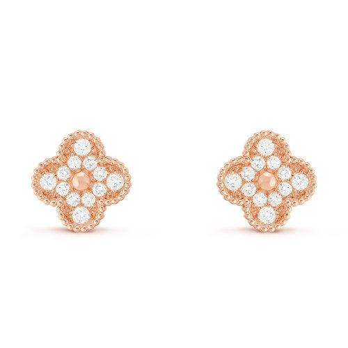 Van Cleef & Arpels/梵克雅宝 经典Vintage Alhambra系列 18K金玫瑰金镶嵌满钻四叶草耳钉VCARP2R500