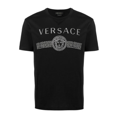 VERSACE/范思哲 男士黑色棉质经典字母徽标美杜莎头像印花装饰圆领短袖上衣T恤 A85941-A228806-A1008