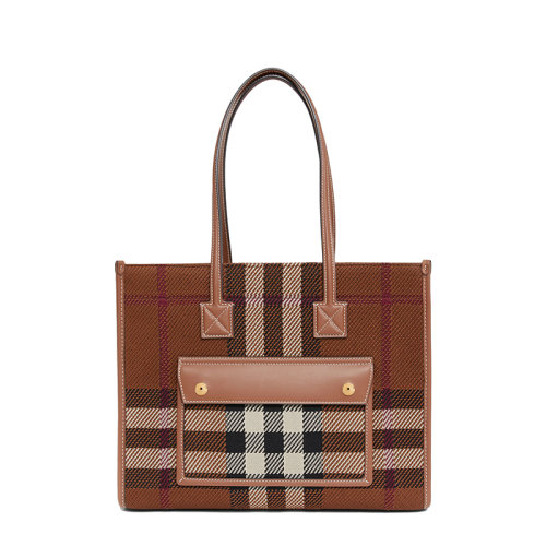 BURBERRY/博柏利 22春夏新款Freya系列 女士小号桦木棕色针织格纹缉明线皮革单肩手提托特包80491331