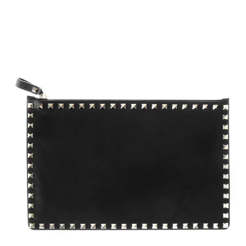 Valentino/华伦天奴 女士黑色牛皮经典字母徽标印花铆钉装饰拉链开合手拿包公文包女包 RW2P0269-BOL-0NO