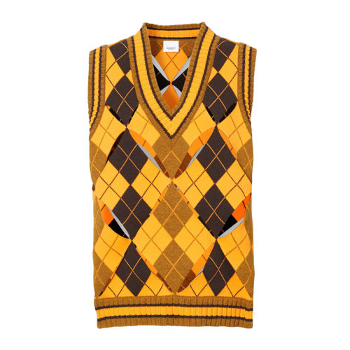 BURBERRY 博柏利 巴宝莉 女士 服装 21春夏 黄色拼色V领无袖背心羊毛针织衫 女士马甲
