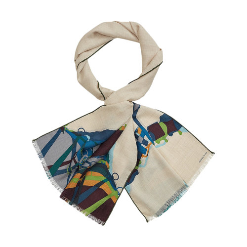 HERMES/爱马仕 22年早春新款 男士米色拼色羊绒和真丝混纺印花围巾H693843T07