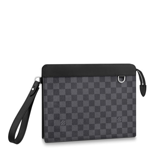 Louis Vuitton/路易威登 22春夏新款STANDING POUCH系列 男士黑色棋盘帆布配皮徽标印花银扣拉链开合手拿包N64612