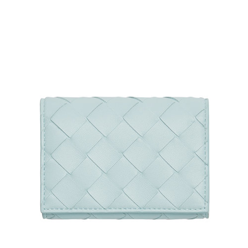 Bottega Veneta/葆蝶家 22春夏新款 女士水洗青色Intrecciato编织皮革双折按扣卡包690573VCPP33902