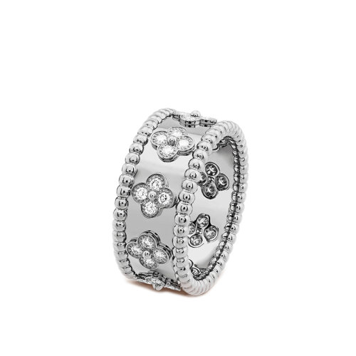 Van Cleef & Arpels/梵克雅宝 Perlée trèfles系列 小号款18K金白金三叶草图案镶嵌28颗钻石戒指指环VCARO9ND00
