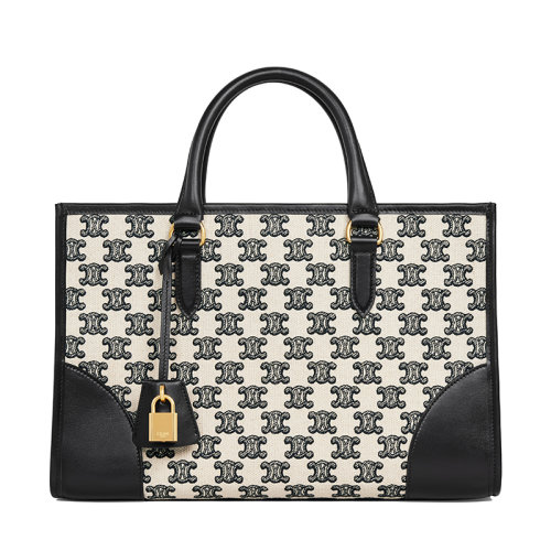 CELINE/赛琳 22新款TRIOMPHE系列 女士迷你黑色/白色织物配皮饰徽标刺绣配金锁皮革吊饰可拆卸肩带单肩手提托特包110432CS8.38NO