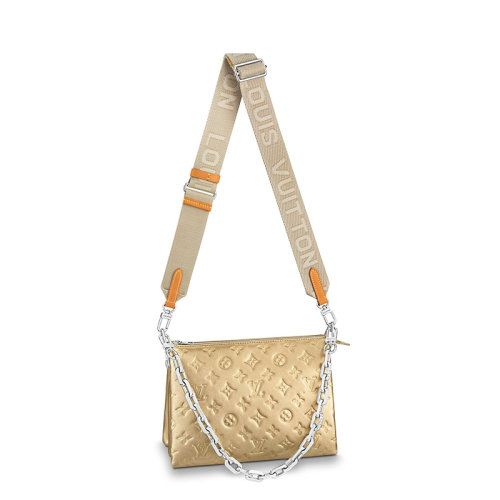 Louis Vuitton/路易威登 经典款COUSSIN系列 女士小号金色羊皮革老花压印银链配可拆卸肩带单肩斜挎手提链条法棍包M59278
