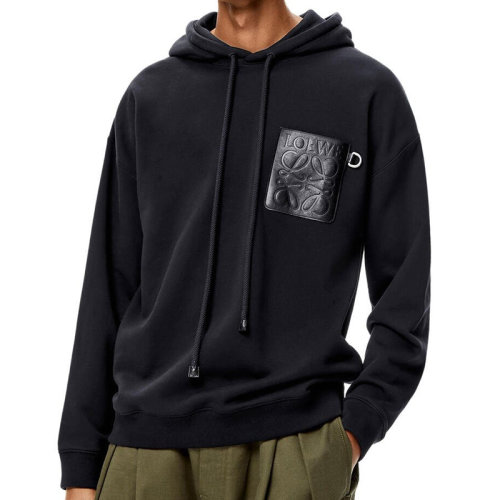 LOEWE/罗意威 22年早春新款 男士深蓝色棉质抓绒Anagram皮革贴片连帽衫卫衣H526Y25J12-9602