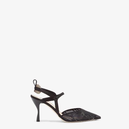 FENDI芬迪 22年春夏 女士 高跟鞋 黑色网眼布和水钻刺绣高跟露跟鞋 8J8216AGEQF0MQ0