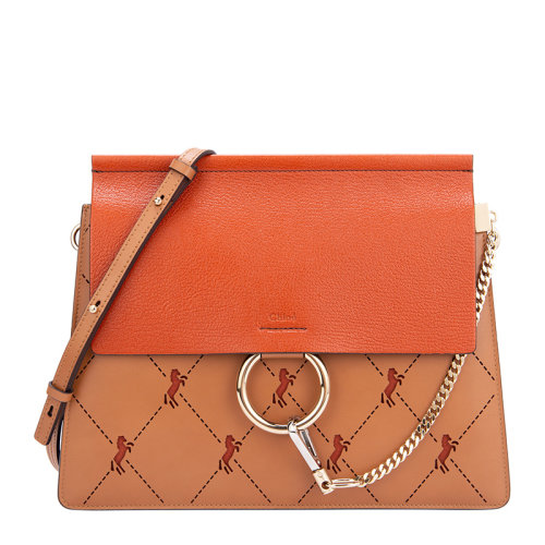 CHLOE/克洛伊 女士橘红色小牛皮拼接羊皮圆环装饰细肩带翻盖单肩包斜挎包女包 C19AS231-B43-247