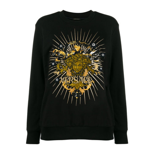 VERSACE/范思哲 女士黑色棉质经典字母徽标美杜莎头像印花装饰圆领长袖上衣卫衣套头衫 A83922-A227994-A1008