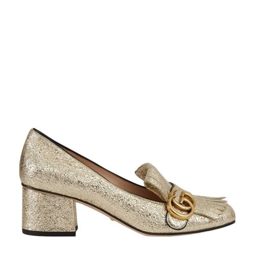 GUCCI/古驰 女士浅牛皮折叠流苏GG装饰高跟鞋