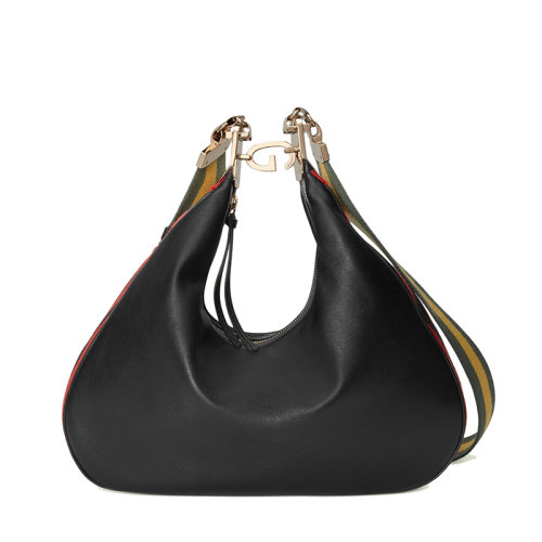 GUCCI/古驰 22新款 男女同款黑色皮革橙色黑色织带滚边新月造型G钩扣大号单肩手提包702823UXWBG1037?